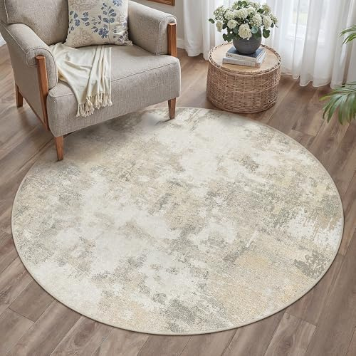 PureCozy Teppich Rund 120cm Beige Abstrakt Moderner Waschbarer Teppiche | Weicher Kurzflor, Rutschfest, Leicht, Wohnzimmer, Schlafzimmer, Esszimmer, Büro, Wohnbereich