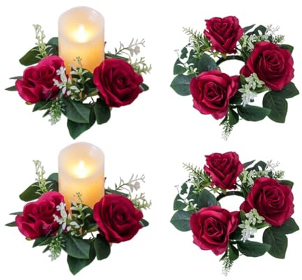 JOYWU 4-Pack Artificial Rose Candle Rings, 23cm Artificial Silk Flower Candle Wreaths for Pillar Candles, Mini Floral Wreath for Centerpiece Decor, Table, Fireplace, Valentine’s Day (Burgundy)
