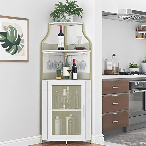 Garvee Casier à Vin, Meuble à Vin d'angle Industriel- Armoire De Rangement avec Porte-Bouteilles, Étagère à Verres Réglable, pour Cuisine, Salle à Manger - Style Vintage