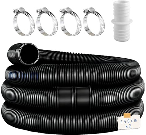 2pcs tuyaux de piscine de 32 mm pour pompes de piscine avec 4 clips de sécurité et 1 raccord de tuyau, idéal pour les pompes de filtre, les nettoyeurs de piscine, les chauffages de piscine noir
