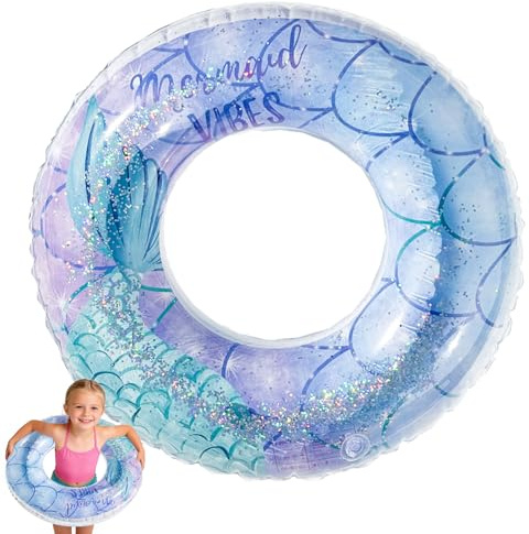 Schwimmring Kinder, Meerjungfrau Schwimmring Aufblasbare Schwimmreifen, Transparenter Schwimmreifen Glitzer Auslaufsicherer Schwimmhilfe Kinder für 4-9 Jahre