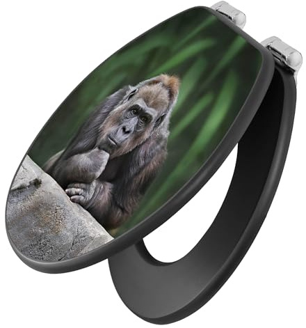 banjado Klodeckel Tiere - Toilettendeckel mit Absenkautomatik - 38 x 46,5cm O-Form - MDF WC Sitz anthrazit - stabile Klobrille - einfache Montage - Motiv Gorilla