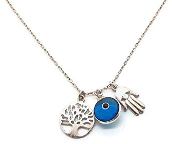 MYSTIC JEWELS by Dalia - Collier en Argent Sterling 925 - Trois Symboles, Main de Fatima & Arbre de Vie & œil de Bonne Chance
