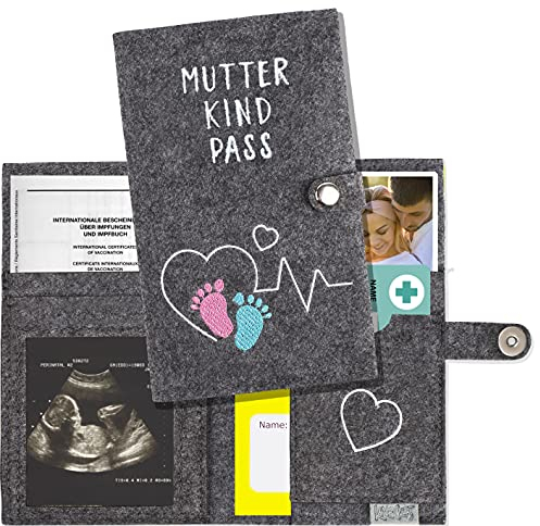 KNECKES – Edle Mutter-Kind-Pass-Hülle Filzdesign (grau) für Österreich | mit vielen Fächern für Ultraschallbild, Versichertenkarte, Impfpass etc. | tolles Geschenk