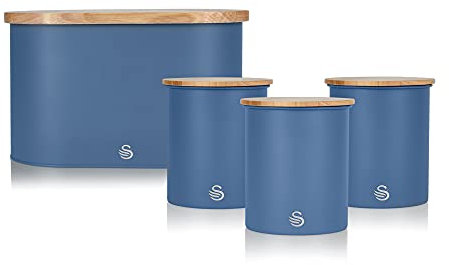 Swan Nordic Blue Kitchen Accessory Set with Bread Bin and Cutting Board Lid and Set of 3 Storage Canisters, Bamboo Lids, Handy Storage, Soft Matte Finish, STP1022BLUN
