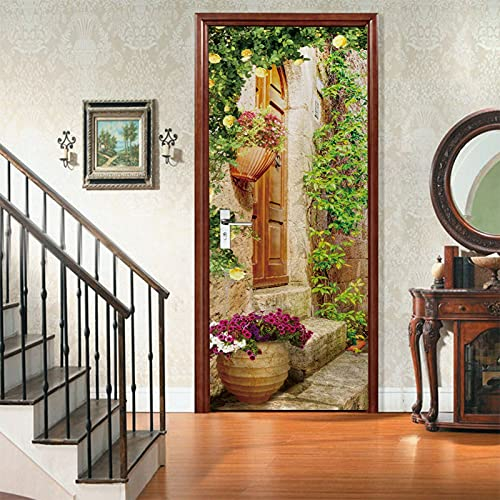 A.Monamour Türtapete Selbstklebend Türfolie Türposter 3D Eingang Eines Alten Italienischen Hauses Mit Blumen Vinyl Folie Türdeko Tapete Wandbild Türaufkleber Türtattoo 85 x 200 cm