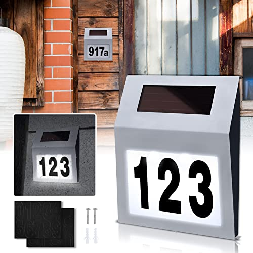 XMTECH Solarhausnummer LED Beleuchtete Hausnummer mit 2 LED Solar Hausnummernleuchte LED Wandleuchte (Silber)