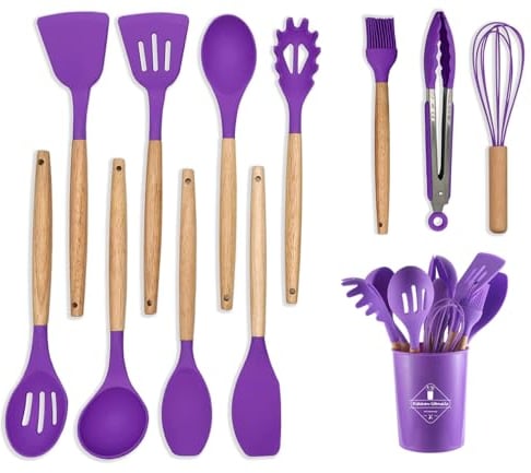 Silicone Kitchen Utensils Set with Holder 12 PCS Cooking Utensils Set with Wooden Handle Heat Resistant Kitchen Gadgets Utensil Set Kitchen Accessories (Purple)