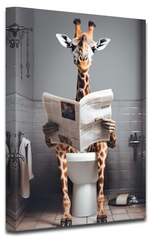 CXHOSTENT Toile murale amusante avec girafe lisant des journaux sur les toilettes – Poster animal – Impression sur toile de salle de bain d'enfants (salle de bain-1, 40,6 x 61 cm)