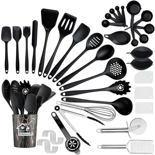 Kitchen Utensils Set, Pleafind 44 PCS Silicone Cooking Utensils for Non-Stick Cookware, Heat Proof Kitchen Cooking Tools, Spoons Turners Spatula Ladle Set, Black Kitchen Accessories