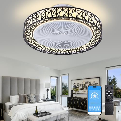 Depuley Bladeless Ceiling Fan Lights with Remote Control - Low Profile Bedroom Ceiling Fan - Black, Dimmable, 6 Speed, LED