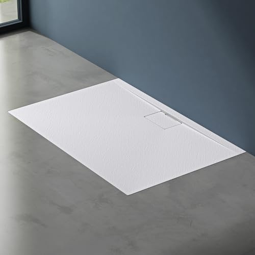 doporro Duschtasse Duschwanne 90x90x3 Mineralguss in Weiß Ablaufgarnitur | Flache Duschwanne für bodenebene Montage mit DIN-Anschlüssen – stabil & pflegeleicht für moderne Duschen Geoma07 AL06