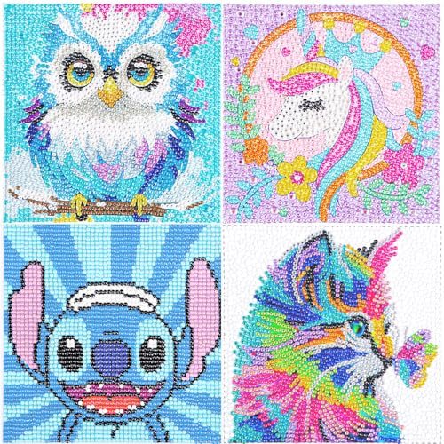 DIY Pintura de Diamantes Niños,Diamond Painting 5D para Niños,4 Piezas Pintura de Diamantes para Niños,Set de Pintura con Diamantes para Niñas y Niños,Regalos de Cumpleaños y Decoración Del Hogar