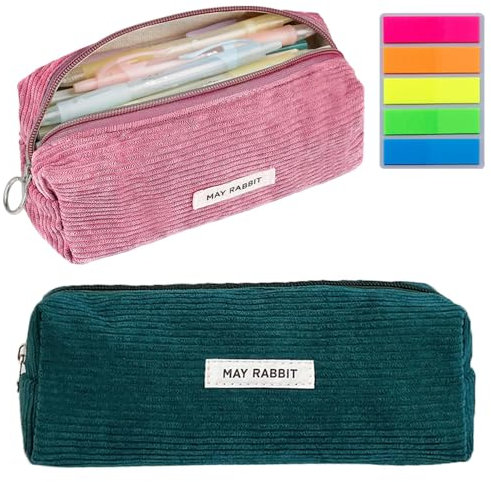 lbxtswpl Mäppchen, 2 Stück Mäppchen Cord-Stoff, Große Speicherkapazität Federmäppche Stiftemappe Pencil Case Schreibwaren Organizer Tasche für Schulen Büros Reisen(Rosenrot, Dunkelgrün)