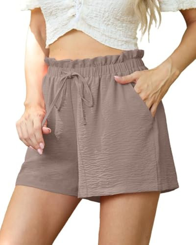 PrinStory Kurze Hosen Damen Leicht Sommer Shorts Mit Taschen Kordelzug Hohe Taille Paperbag Strandshorts Für Frauen (Taupe,M)