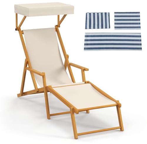 GYMAX Transat de Jardin Extérieur avec Pare-Soleil Réglable, Chaise Longue pour Bain de Soleil, Dossier Réglable à 4 Positions, Cadre en Bois Massif, Tissu de Rechange, pour Plage, Terrasse, Piscine