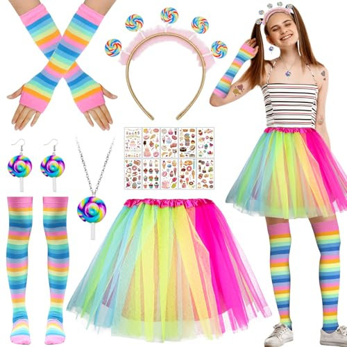 Jokureao 16 Stück Lollipop Kostüm Damen Set mit Lollipop Haarreif, Tattoos & Socken, Süßigkeitenkostüm, Candy Kostüm Damen, Karneval Accessoires für Karneval, Fasching, Halloween