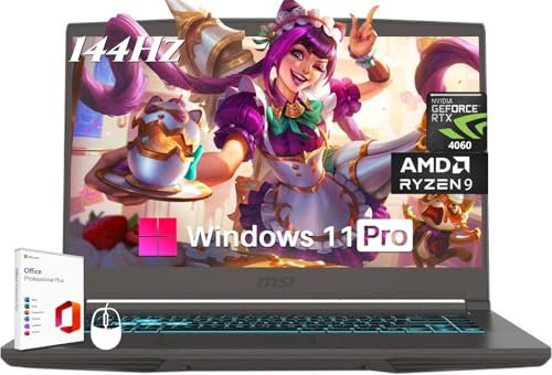 MSI Thin 15 Gaming Laptop, AMD Ryzen 9 8945HS(Beat i9-13900H, Up to 5.2GHz, NVIDIA RTX 4060 8GB GDDR6, 15.6 144Hz IPS, 32 GB DDR5, 2 TB SSD, Windows 11 Pro, Office Pro Lifetime License
