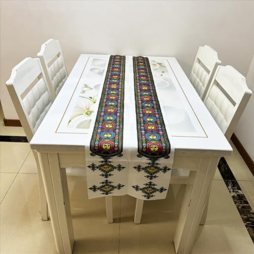 Traditional Ethiopian Table Runner, African Geometric Pattern, Colorful Tribal Design, White Table Decor (118x12, Two Straps)