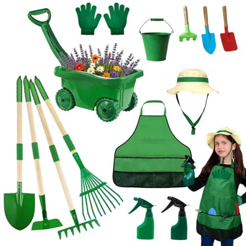 Aka Supaku Ensemble d'outils de jardinage pour enfants, 15 pièces avec pelle, râteau, arrosoir, jouets de creusement de la ferme, cadeaux d'Halloween, de Noël, d'anniversaire pour garçons et filles