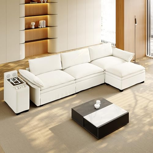 Jaxenor 3-4 Sitzer Modulares Sofa mit Ottoman, L-förmige Chenille Cloud Couch mit Drahtloses Laden, Lautsprecher, Licht, 2 Tassenhalter, Ecksofa für Wohnzimmer, Schlafzimmer, Büro, Schnittsofa, Beige