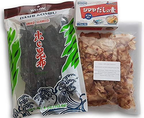Hon Mirin, Dashi Kombu Dried Kelp Konbu Braunalgen, Katsuobushi 100% Bonito-Flocken, Zutaten, Grundzutaten, Dashi no Moto Shimaya, Dashino-Moto Würzpulver für Dashi Rezeptvorschlag, Rezept