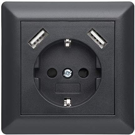 230 V Steckdose mit 2 x USB Ladegeräten, Schuko Wandsteckdose Unterputz, passend für Gira System 55 E2, Anthrazit (Grau), TÜV Rheinland zertifiziert (Einfachsteckdose)