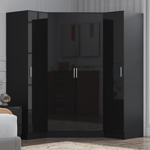 Reflect 3 Piece Wardrobe Bundle | 2 Door Corner + 2x 1 Door Plain | Black Gloss & Black Oak Finish | H: 180cm x W: 179cm x D: 103cm | Modern Bedroom Furniture Storage Solution