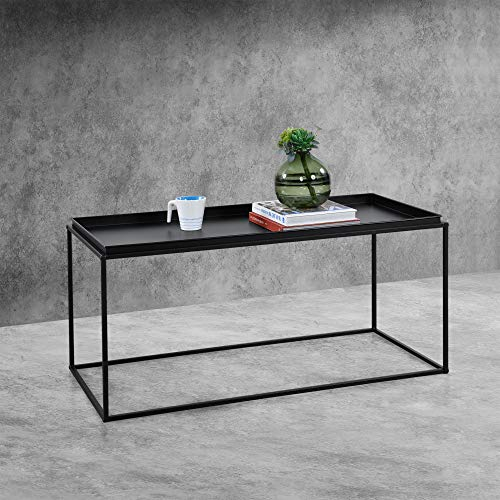 Table Basse à Plateau Large en Métal Anti-Éraillures de 47 x 100 x 50 cm Noire Mat