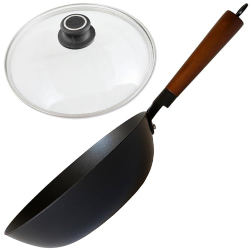 BAF induktive Wokpfanne Ø 28 cm mit Deckel (Set) - hoher Rand - großer Stielwok Induktion beschichtet aus Gusseisen mit Holzgriff