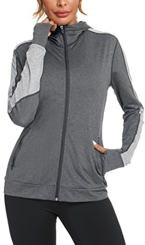 Wayleb Womens Zip Up Hoodie Sports Jacket Ladies Hoodies Long Sleeve Gym Tops Hooded Sweatshirt Running Coat with Pockets and Thumb Holes Dark Grey