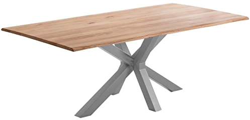 SAM Esstisch 140x80cm Gent, echte Baumkante, Buchenholz massiv & geölt, Baumkantentisch mit Spider-Metallgestell Silber, Esszimmertisch im Industrial-Design