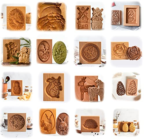 MOTEERLLU Keksformen aus Holz, Backform, Keksausstecher, Prägeform, Kekspressen, Stempel, Lebkuchenform, für Küche, DIY und Familienfeiern (16 Stück)