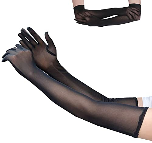 NJDBBZIJS Guanti Lunghi Da Donna Tulle Guanti di Tulle Nero Sera Opera Fatto Di Traslucido per Opere, Halloween, Carnevale, Festa A Tema, Teatro (Nero)