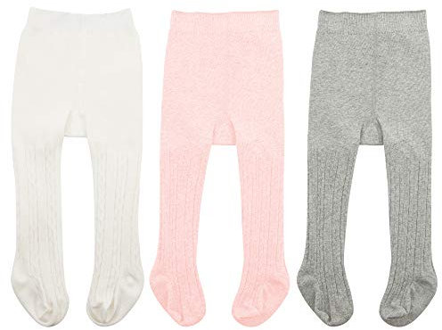 Zando Collant per bambini e bambine, in cotone, per bambini, 3 paia di rosa bianco e grigio chiaro, 0-6 Mesi