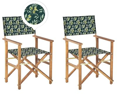 Beliani Zwei Gartenstühle helles Akazienholz Textil cremeweiß/dunkelgrün Oliven Cine