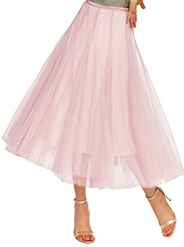 Luna et Margarita Jupe Femme Tutu Rose en Voile Mi Longue à Couches Plissée avec Taille Contrastante Taille 3XL