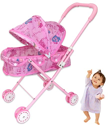 Puppenwagen, Faltbarer Puppenwagen mit Kapuze entzückender Puppenwagen Leichter Spielzeug Kinderwagen für Kinder Baby Kleinkinder, Babypuppen Kinderwagen