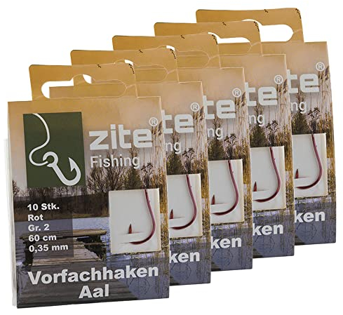 Zite Fishing Aal-Haken Gebunden 50 Stück – Monofile Vorfachschnur Aal-Angeln mit Angelhaken Rot Gr. 2 – Angelschnur mit Angelhaken
