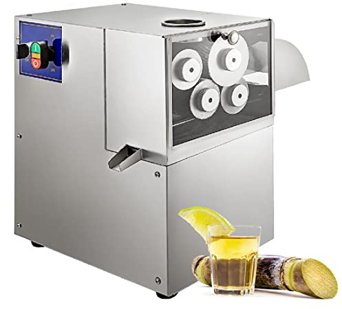 Exprimidor de caña de azúcar eléctrico con salida de 550 lb/h con puerta transparente para extractor de jugo de caña de azúcar comercial y doméstico, 38 x 43 x 48 cm, 3 rodillos de acero inoxidable