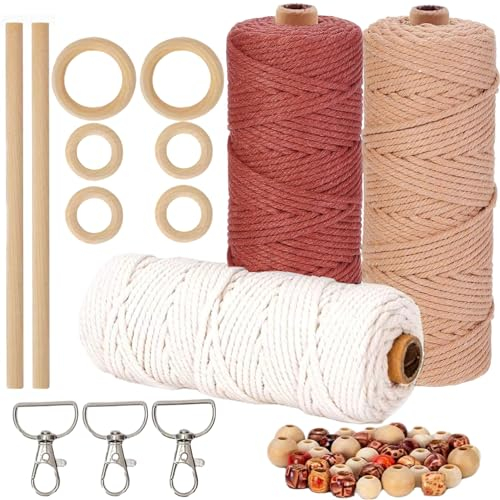 HanCheng 3PCS 60m Makramee Garn 3mm Farbig,Makramee Garn Set Bunt mit 40 Holzperlen,6 Holzringe,2 Holzstäbchen,3 Schlüsselanhänger(Beige,Bordeaux,Altrosa)