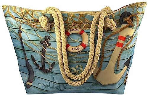 Alsino Strandtasche Badetasche XXL Familie mit Reißverschluss - Wasserresistent mit Innentasche - Schultertasche Schwimmbad Strand Beach Tasche, Motiv wählen:TT-m55 Anker Netz