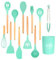 Intirilife Juego de 12 utensilios de cocina de silicona Verde Turquesa - 12.5 x 32.5 cm - Cubiertos de cocina antiadherentes y resistentes al calor con cuchara, pinzas, batidor, espátula, pincel