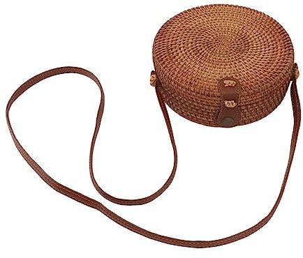 Zerodis Handgewebte Runde Rattantasche, 20 cm Durchmesser, Leichte Natürliche Korbtasche, Verstellbarer Riemen für Sommerparty (Einfarbige Lederschnalle mit Futter)