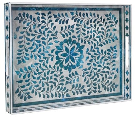 MAONAME Rectangular Decorative Serving Tray, Plastic with Handles, Modern Blue Tray for Ottoman, Coffee Table, Living Room Decor, 15.7 x 11.8 x 1.6