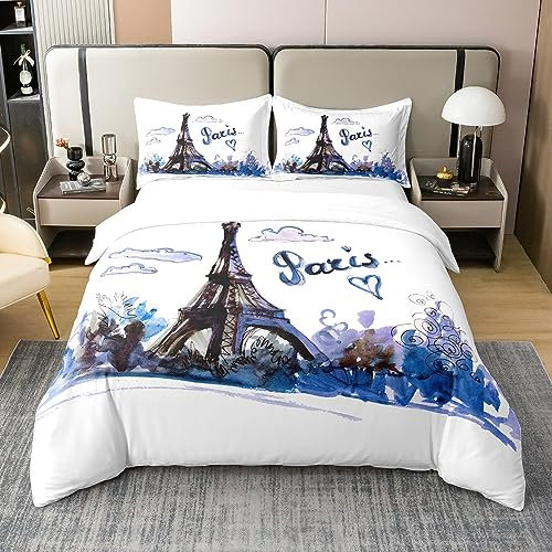 100% Baumwolle Romantische Eiffelturm Bettbezug,Paris Bettwäsche Set 135x200,Valentinstag Blaue Blüten Blumen Tröster Bezug,Jubiläum Bettbezug mit 1 Kissenbezug Schlafzimmer Dekor