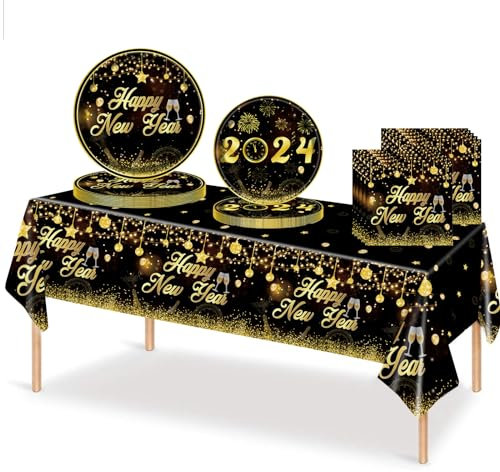 53Pcs Happy New Year Eve Party Tableware Decorations for 2024,Black Gold New Years Eve Tableware Set New Years Table Cloth,7inch 9inch Paper Plates,Napkins for Disposable Dinnerware party Supplier
