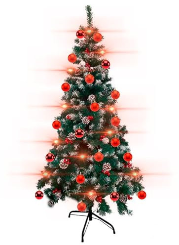 AC - Árbol de Navidad con piñas y Bayas - Decorado con Set de 42 Bolas con Estrella Color Rojo y Luces Leds Navideñas a Pilas Calidas (300 Leds) - Altura del Árbol: 150 cm - Fácil Montaje