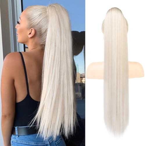 REECHO Pferdeschwanzverlängerung, 28 lange gerade Kordelzug Pony Haarverlängerung Synthetischer Pferdeschwanz Haarteil für Frauen - Platinblond