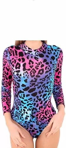 P&R DANCEWEAR LTD Damen-Body mit Rollkragen, langärmelig, dehnbar, bedruckt, stilvoll und bequem, Neon Leopard, Small-Medium